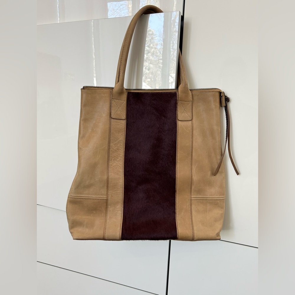 All Saints leather tote bag with deep burgundy pony skin insert